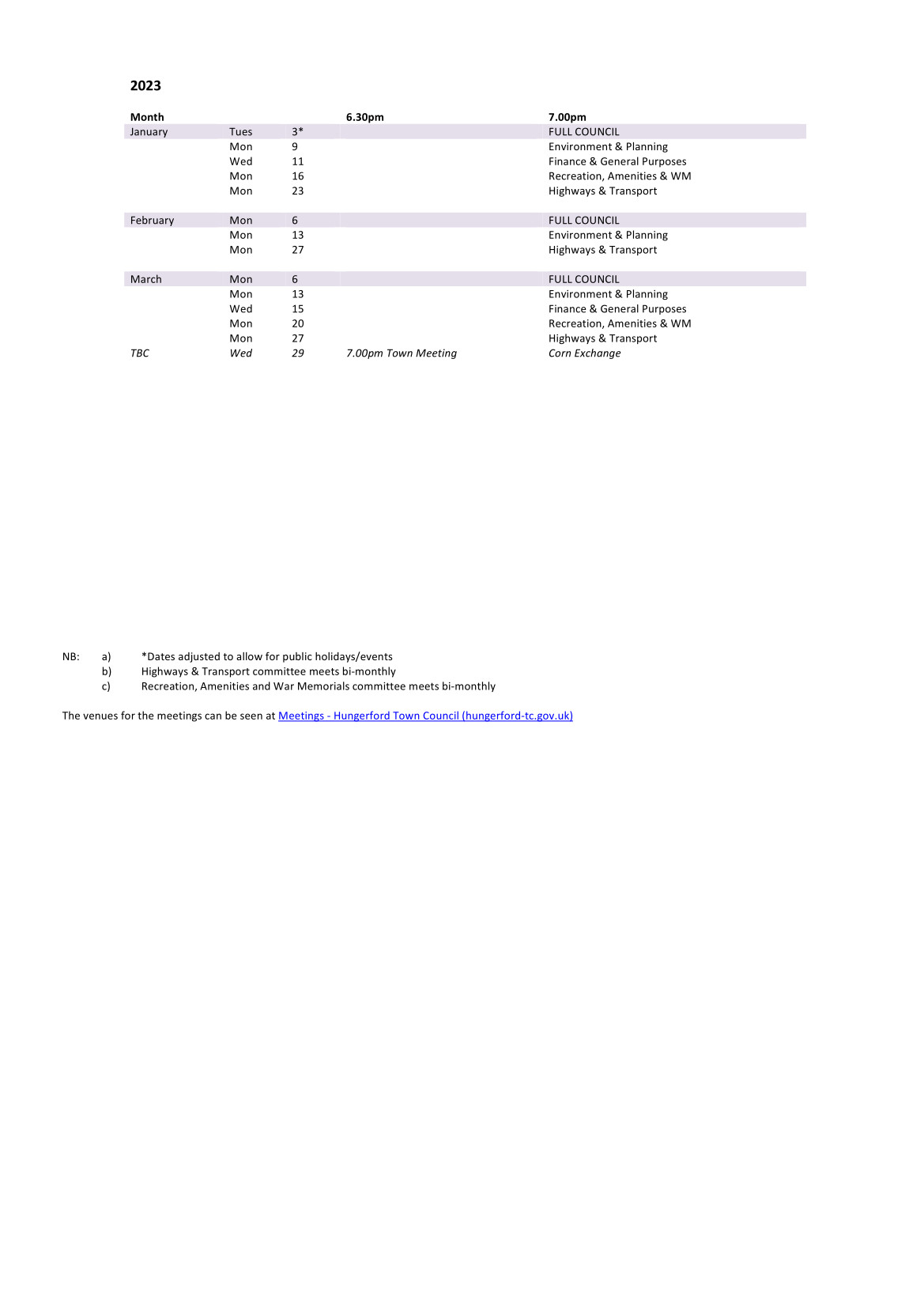Town Council Calendar Jan - March 2023 Amended